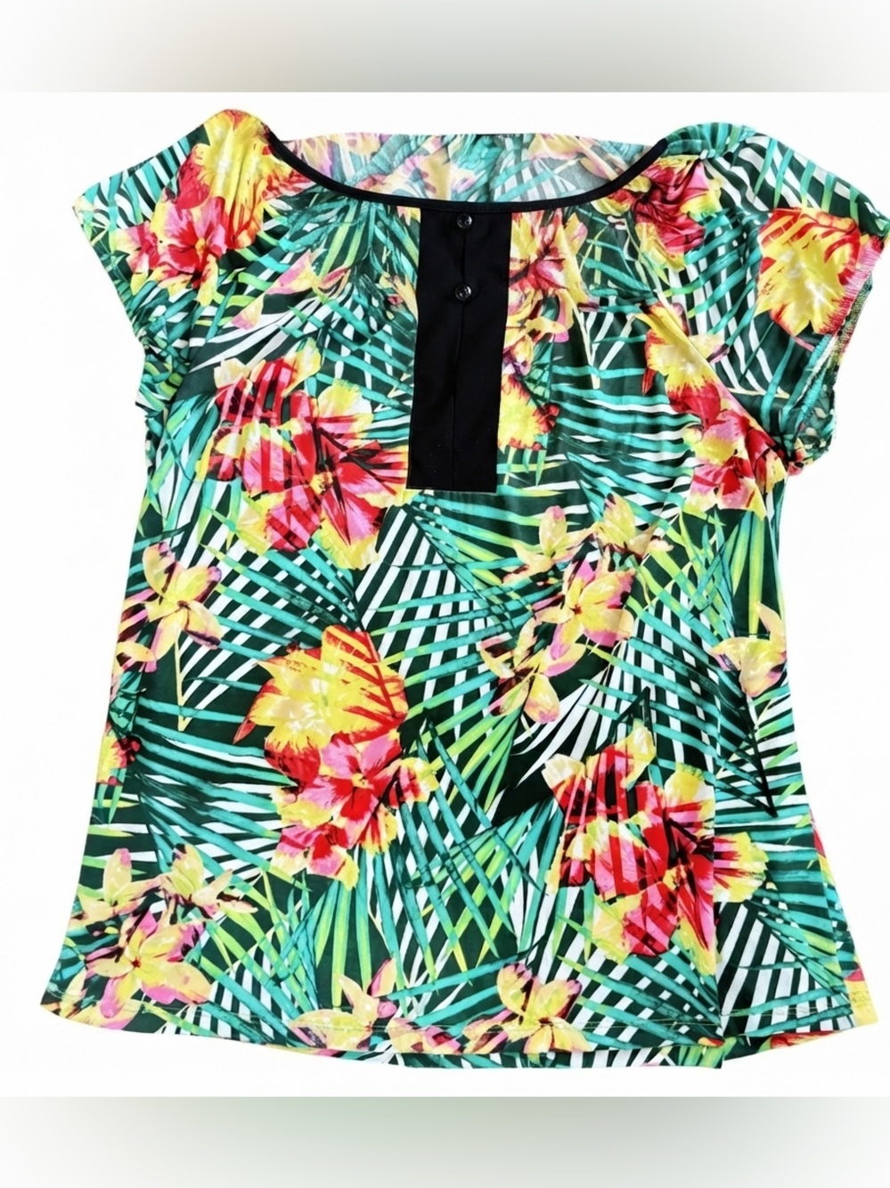 Tropical Floral Print Short-Sleeve Top - Size: 1X